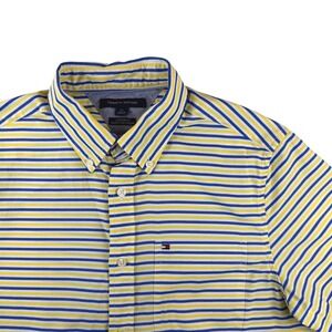 Tommy Hilfiger Custom Fit Button Up Shirt Men's Small Yellow Blue Striped